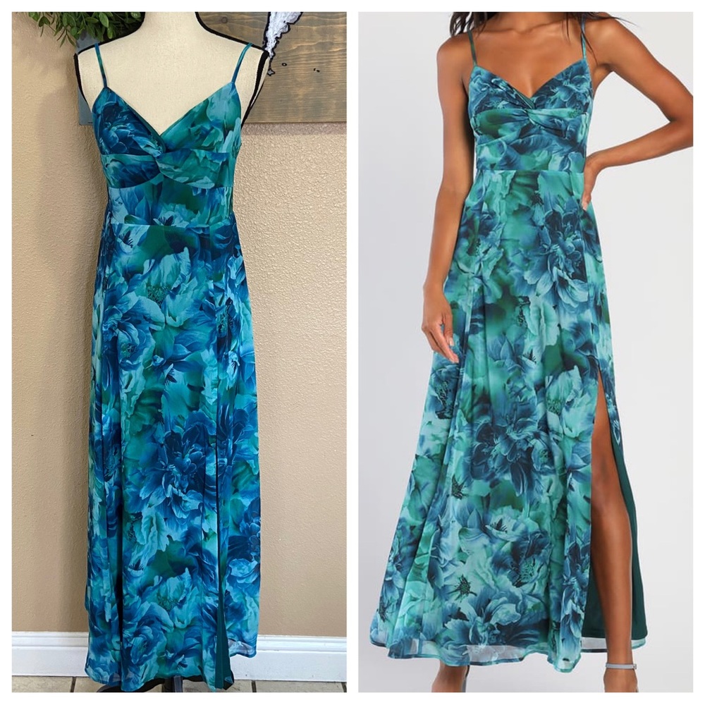 Lulu's Teal & Blue Floral Maxi Dress